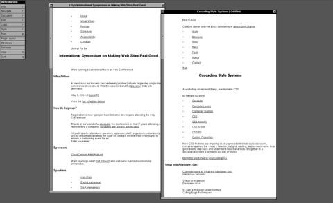 Two websites loaded on
the WWW Hypermedia Browser,
using the emulator hosted by Remy Sharp --
our workshop page, and the 11ty symposium site --
both rendered as plain text